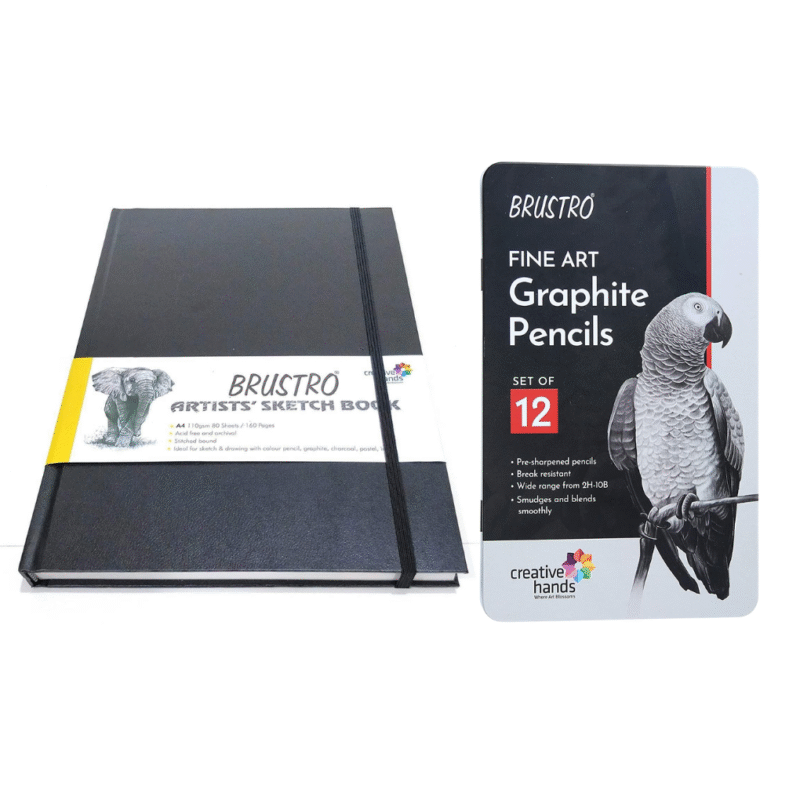 Brustro Artists Sketch Book Stitched Bound A5 110 GSM with BRUSTRO Artists โ FINEART Graphite Pencil Set of 12 (10B-2H)