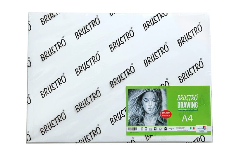 BRUSTRO Drawing Papers | 200 GSM, A4, Pack of 50 (40+10 Sheets) | Ideal for Students and Adults, School, Coloring, Professional Art, Craft, Graphite, Charcoal, Pastels, Sketching, Shading, Drawing
