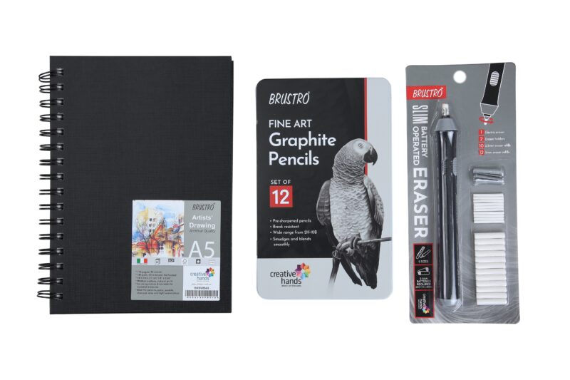 Brustro Slim Battery Operated Eraser + Graphite Pencil Set of 12 + A5 wiro Sketchbook - Image 3