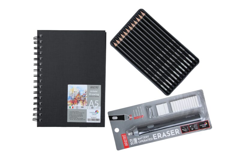 Brustro Slim Battery Operated Eraser + Graphite Pencil Set of 12 + A5 wiro Sketchbook - Image 2