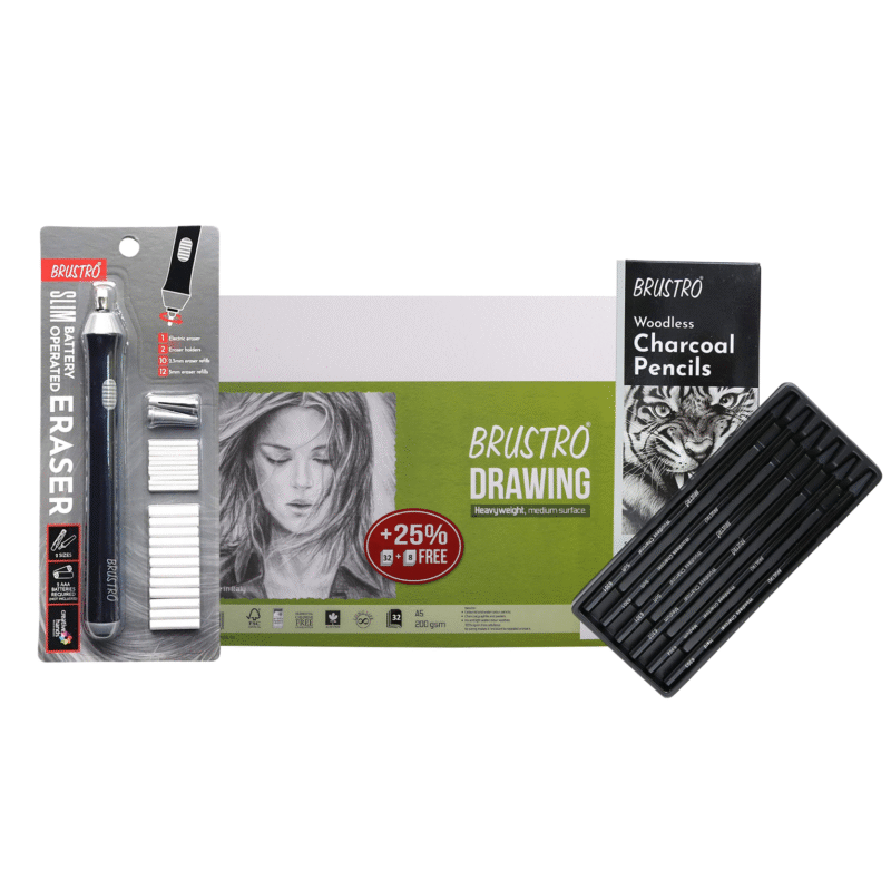 Brustro Slim Battery Operated Eraser + Woodless Charcoal Pencil + A5 Drawing Paper (32+8 Sheets) - Image 4