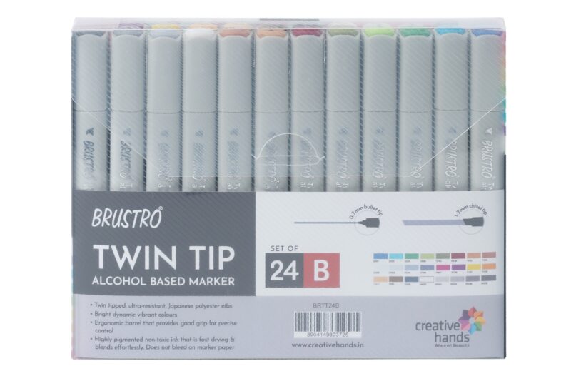 BRUSTRO Twin Tip Alcohol Based Marker Set of 24 Basic (B) in Crossline PP See Through Box - Image 4