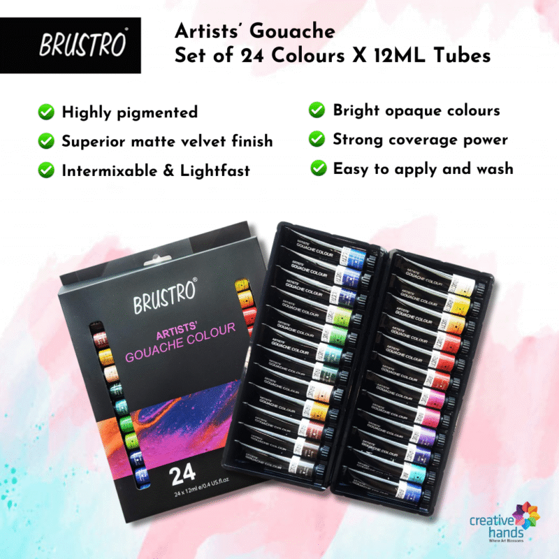BRUSTRO Artist's Gouache Colour | Set of 24 Colors X 12ml Tubes |Perfect for Watercolor paper,Infinite Blending,Non-Toxic,Highly Pigmented,Ideal for Professional Artists,Graphic Designers,Illustrators