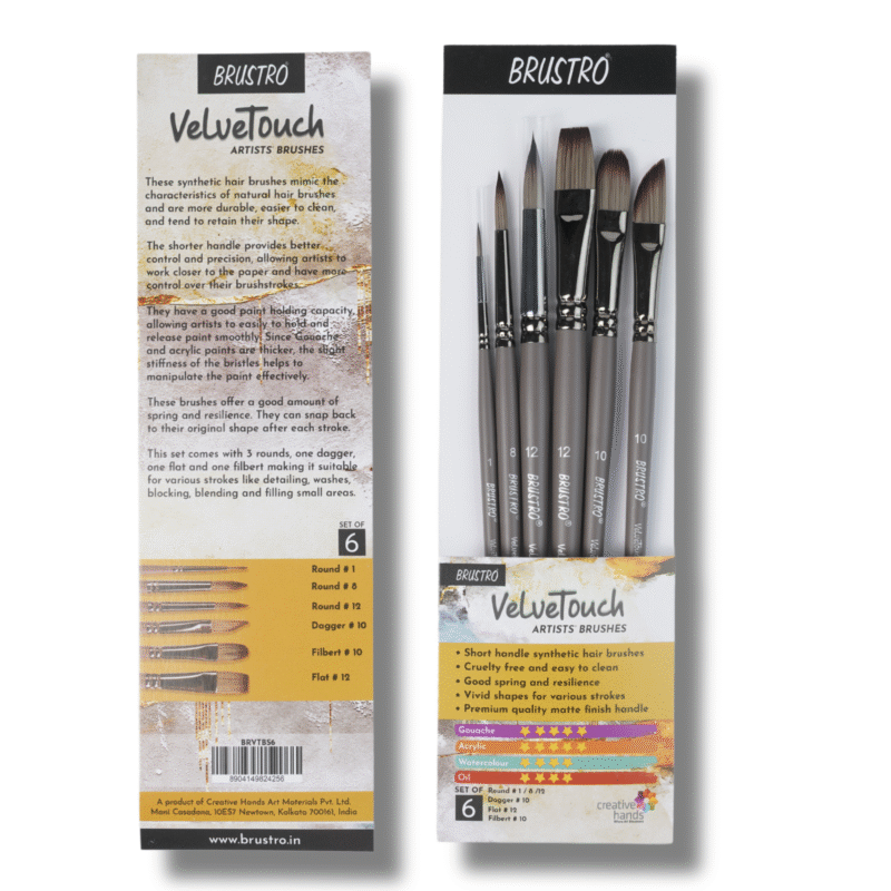 BRUSTRO VelveTouch Artist Brushes | Set of 6 | Gouache, Acrylics, Watercolor, and Oil Painting | Short Handle, Synthetic Bristles, Round, Filbert, Dagger, Flat Shape