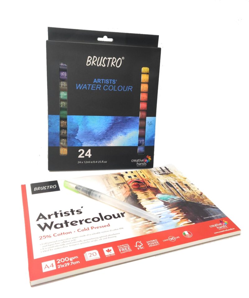 BRUSTRO Artists ’ Watercolour Set of 24 Colours X 12ML Tubes with Artist 25% Cotton Pad Cold Pressed 200 GSM A4 Pad 20 Sheets and Aqua Squeeze Leak Proof Brush Pen - Image 5