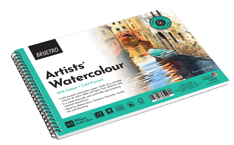 BRUSTRO Artist Watercolour Pad 25% Cotton 300 GSM A5 Wiro - 12 Sheets