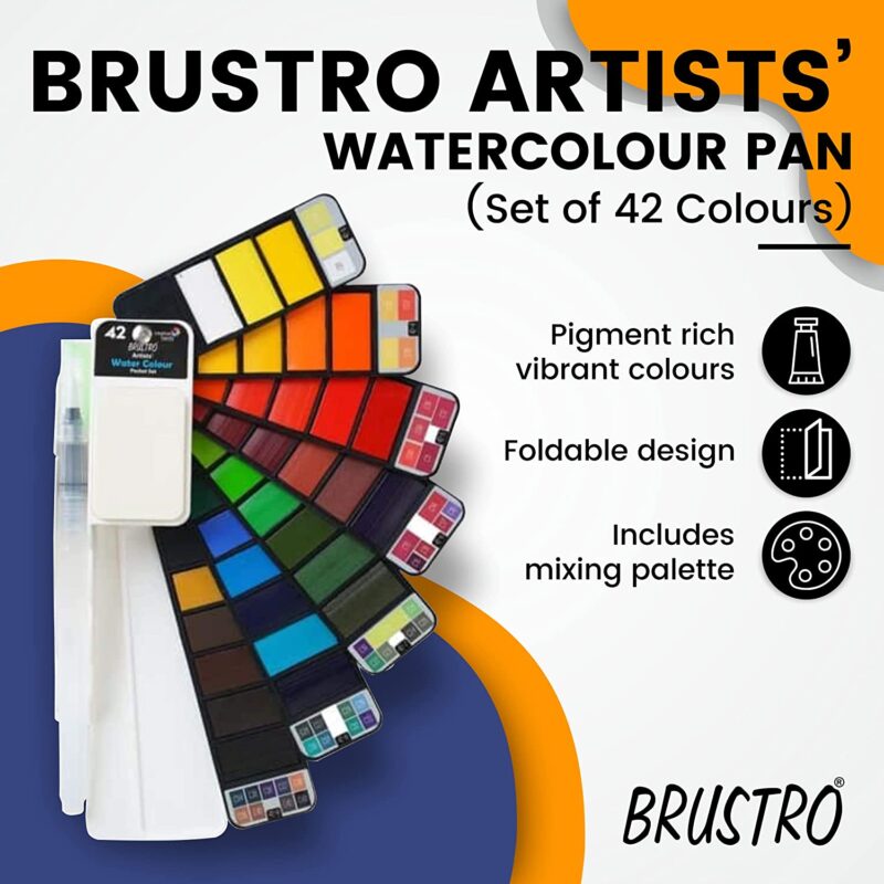 BRUSTRO Artist's Watercolour Paint Pan (Set of 42 Colors) with Artists Watercolour Paper 300 GSM, 25% Cotton, Cold Pressed, A4 (Pack of 12), A3 (Pack of 6) & A5 (Pack of 24) - Image 2