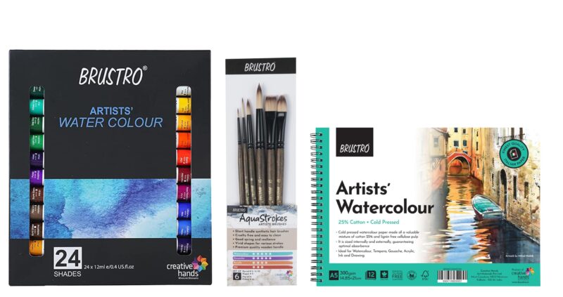 BRUSTRO Artists ’ Watercolour Set of 24 Colours X 12ML Tubes with 25% cotton 300gsm A5 spiral pad and Aqua Strokes brush set of 6 - Image 6