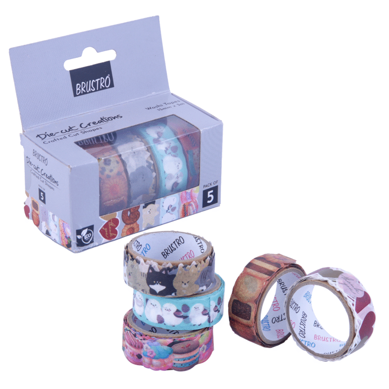BRUSTRO Die-Cut Creations Washi Tapes | Set of 5 | 15 mm x 3 mtrs | Low Tack Adhesive, Ideal for Scrapbooking, Planners, Card/Gift Wrapping, DIY, Home Decor, Art & Craft Supplies - Image 5