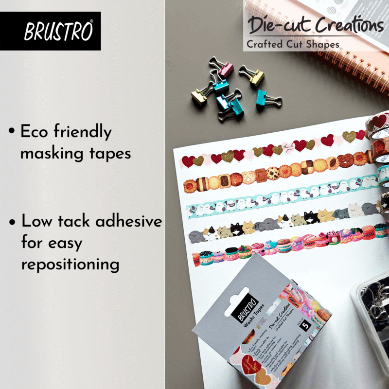 BRUSTRO Die-Cut Creations Washi Tapes | Set of 5 | 15 mm x 3 mtrs | Low Tack Adhesive, Ideal for Scrapbooking, Planners, Card/Gift Wrapping, DIY, Home Decor, Art & Craft Supplies - Image 2