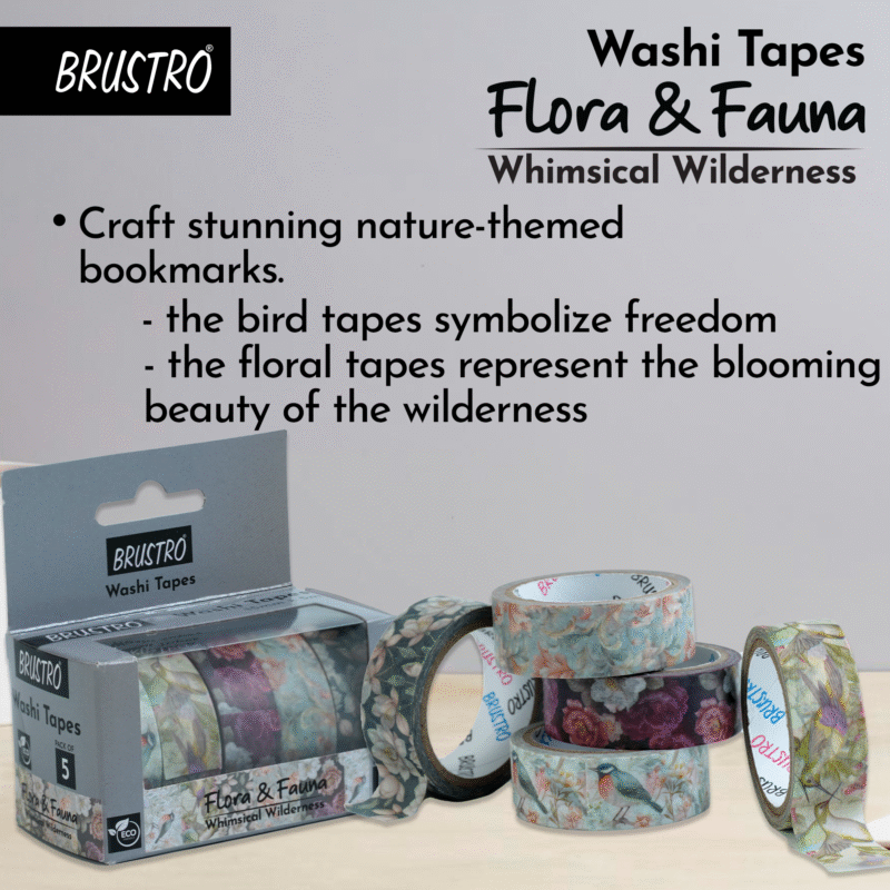 BRUSTRO Washi Masking Tapes |Flora and Fauna Shade|15 mm x 5 mtrs (Set of 5)| Low Tack Adhesive, Ideal For Scrapbooking, Watercolor, Planners, Card/Gift Wrapping, DIY Decor and Craft Supplies - Image 4