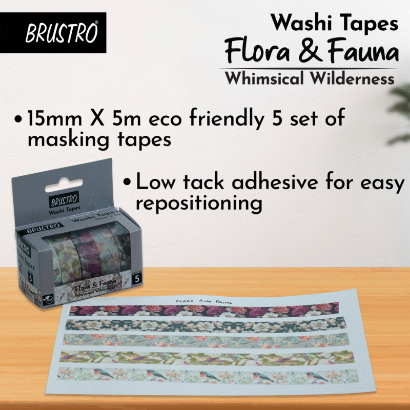 BRUSTRO Washi Masking Tapes |Flora and Fauna Shade|15 mm x 5 mtrs (Set of 5)| Low Tack Adhesive, Ideal For Scrapbooking, Watercolor, Planners, Card/Gift Wrapping, DIY Decor and Craft Supplies - Image 5