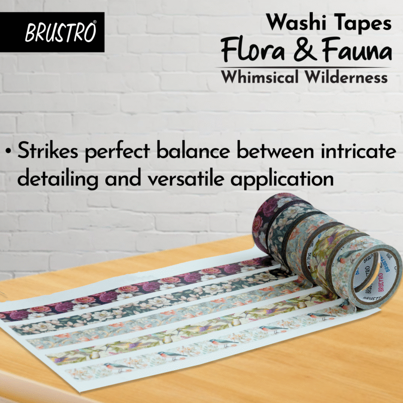 BRUSTRO Washi Masking Tapes |Flora and Fauna Shade|15 mm x 5 mtrs (Set of 5)| Low Tack Adhesive, Ideal For Scrapbooking, Watercolor, Planners, Card/Gift Wrapping, DIY Decor and Craft Supplies - Image 6
