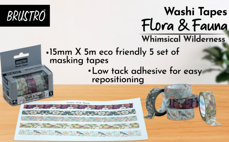 BRUSTRO Washi Masking Tapes |Flora and Fauna Shade|15 mm x 5 mtrs (Set of 5)| Low Tack Adhesive, Ideal For Scrapbooking, Watercolor, Planners, Card/Gift Wrapping, DIY Decor and Craft Supplies - Image 8