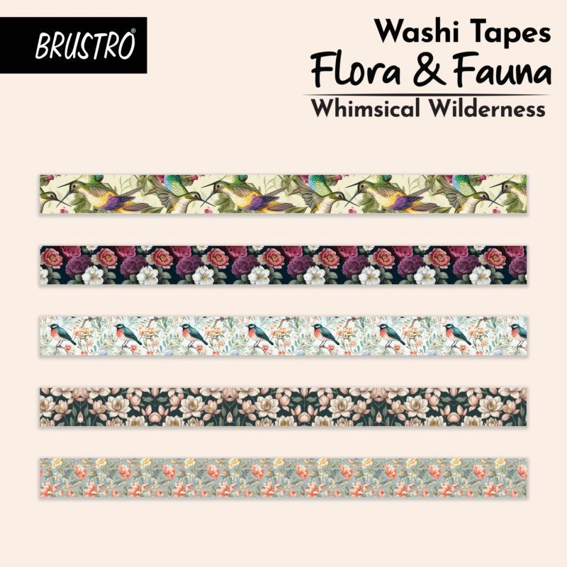 BRUSTRO Washi Masking Tapes |Flora and Fauna Shade|15 mm x 5 mtrs (Set of 5)| Low Tack Adhesive, Ideal For Scrapbooking, Watercolor, Planners, Card/Gift Wrapping, DIY Decor and Craft Supplies