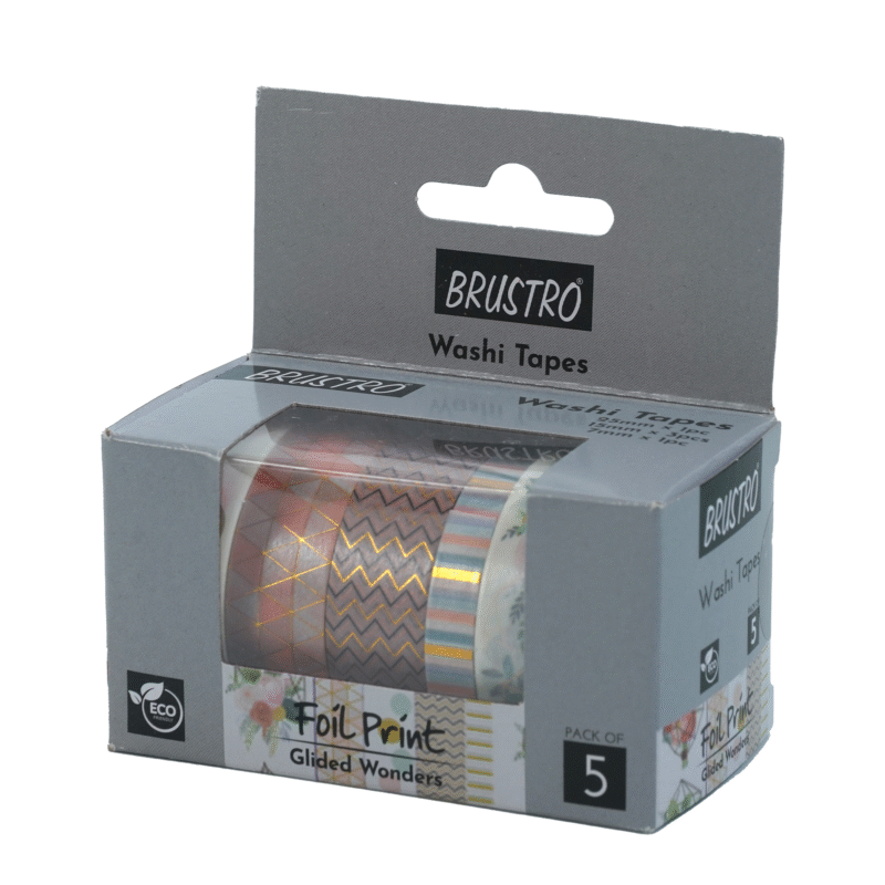 BRUSTRO Washi Tapes Foil Prints Glided Wonders Shade, Set of 5 (25 mm x 5m - 1 Tape, 15 mm x 5m - 3 Tapes, 7mm x 5m - 1 Tape) - Image 6