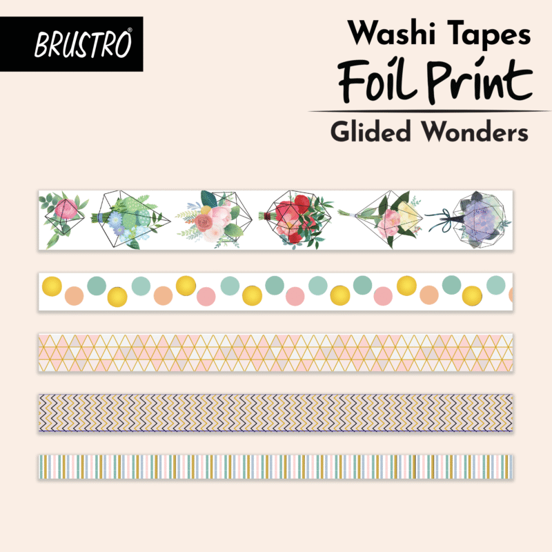 BRUSTRO Washi Tapes Foil Prints Glided Wonders Shade, Set of 5 (25 mm x 5m - 1 Tape, 15 mm x 5m - 3 Tapes, 7mm x 5m - 1 Tape)