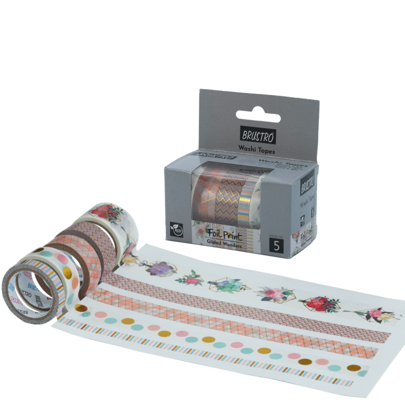 BRUSTRO Washi Tapes Foil Prints Glided Wonders Shade, Set of 5 (25 mm x 5m - 1 Tape, 15 mm x 5m - 3 Tapes, 7mm x 5m - 1 Tape) - Image 3