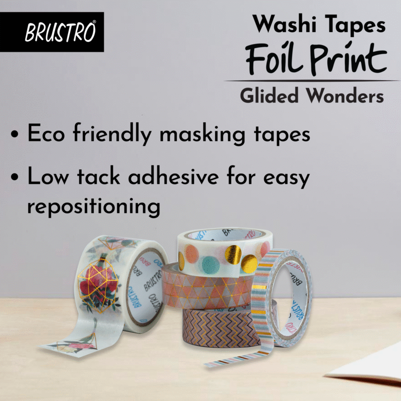 BRUSTRO Washi Tapes Foil Prints Glided Wonders Shade, Set of 5 (25 mm x 5m - 1 Tape, 15 mm x 5m - 3 Tapes, 7mm x 5m - 1 Tape) - Image 2