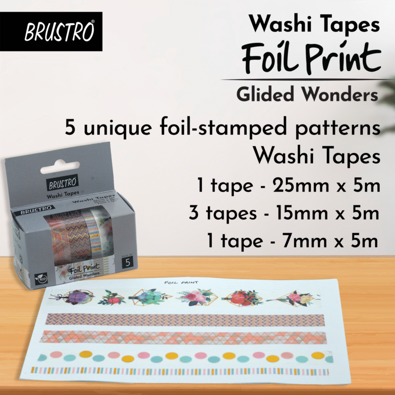 BRUSTRO Washi Tapes Foil Prints Glided Wonders Shade, Set of 5 (25 mm x 5m - 1 Tape, 15 mm x 5m - 3 Tapes, 7mm x 5m - 1 Tape) - Image 4