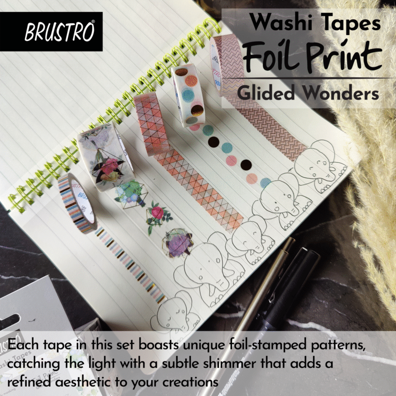 BRUSTRO Washi Tapes Foil Prints Glided Wonders Shade, Set of 5 (25 mm x 5m - 1 Tape, 15 mm x 5m - 3 Tapes, 7mm x 5m - 1 Tape) - Image 5