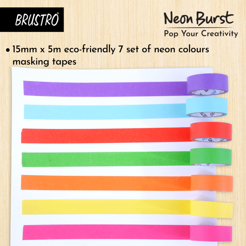 BRUSTRO Neon Burst Washi Tapes | Set of 7 | 15 mm x 5 mtrs | Low Tack Adhesive, Ideal for Scrapbooking, Planners, Card/Gift Wrapping, DIY, Home Decor, Art & Craft Supplies - Image 2