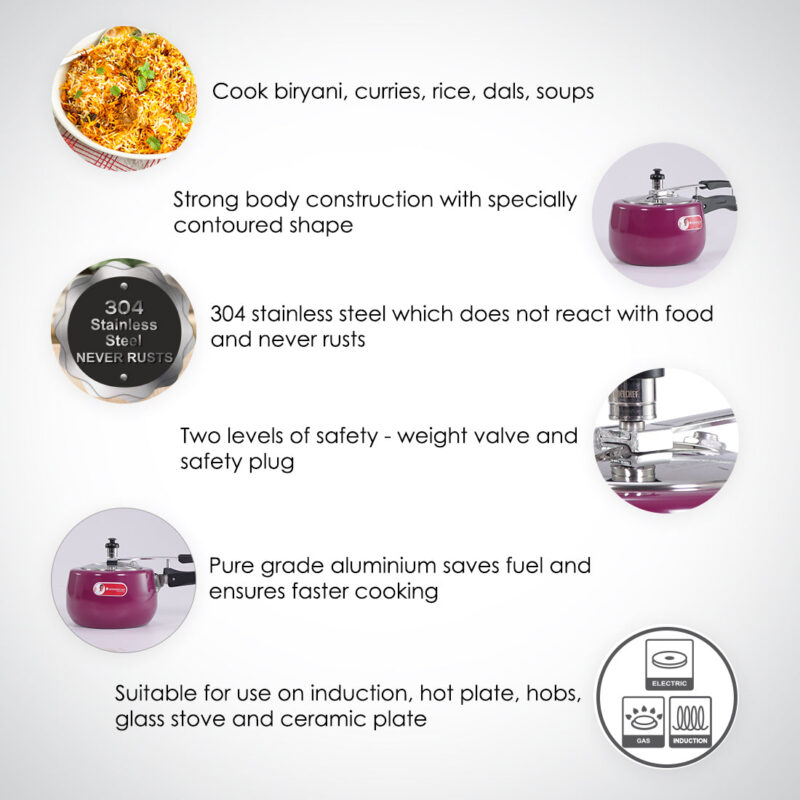 Regalia Induction Base 3L Pressure Cooker with Inner Lid, 2 Years Warranty, Purple - Image 5