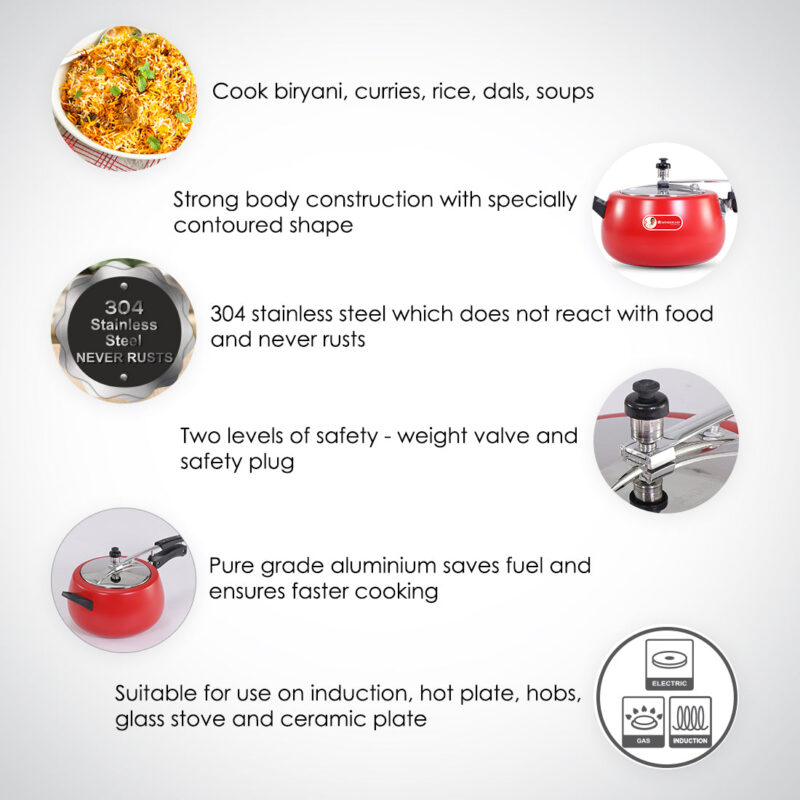 Regalia Induction Base 5L Pressure Cooker with Inner Lid, 2 Years Warranty, Red - Image 6