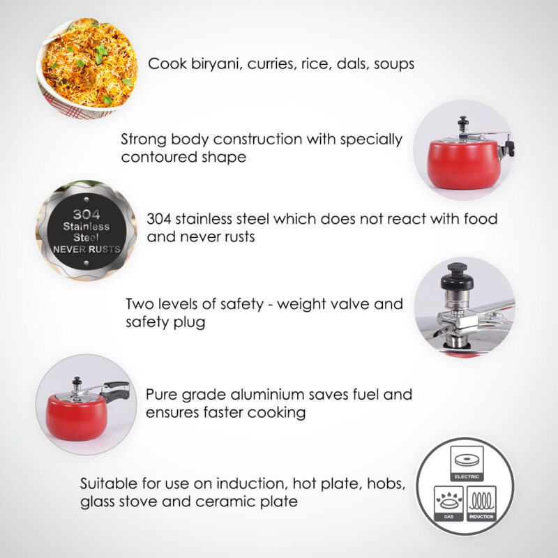 Regalia Induction Base 3L Pressure Cooker with Inner Lid, 2 Years Warranty, Red - Image 6