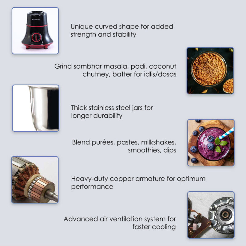 Wonderchef Renewed Glory Mixer Grinder | 750W | 4 Stainless Steel Jars and Anti-rust Stainless Steel Blades | Ergonomic Handles - Image 12