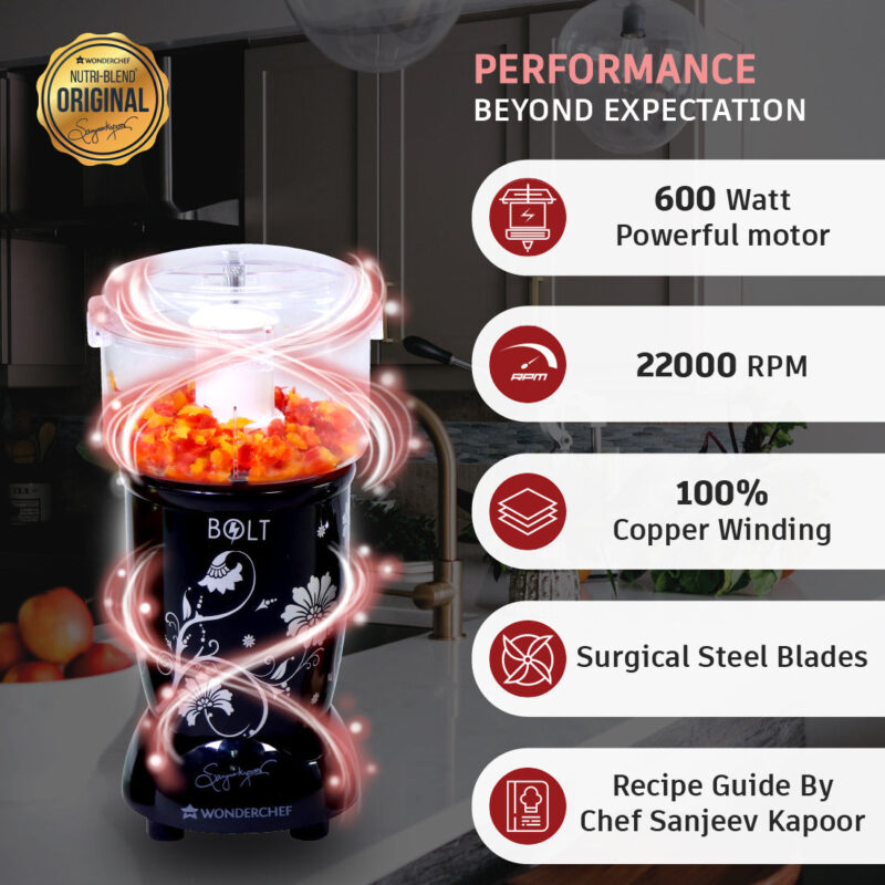Nutri-blend BOLT-600W CKM Mixer with Chopper, Stronger & Swifter with Sipper Lid, 22000RPM 100% Full Copper Motor, 4 Unbreakable Jars, Sharper Steel Blades, Recipe Book by Chef Sanjeev Kapoor - Image 2