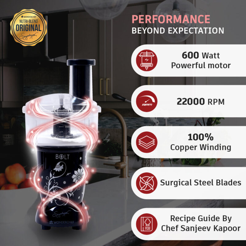 Nutri-blend BOLT-600W Mixer With Food Processor & Atta Kneader, Stronger & Swifter With Sipper Lid, 22000RPM 100% Full Copper Motor, 4 Unbreakable Jars, Sharper Steel Blades, 2 Yrs Warranty, Black, Recipe Book By Chef Sanjeev Kapoor - Image 3