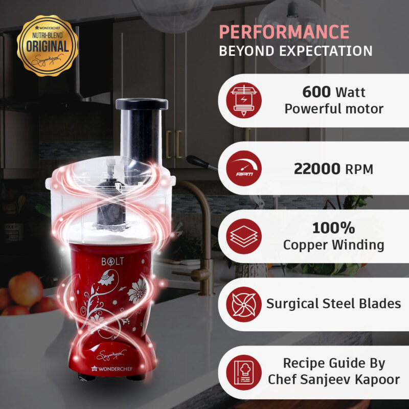 Nutri-blend BOLT-600W Mixer With Food Processor & Atta Kneader, Stronger & Swifter With Sipper Lid, 22000RPM 100% Full Copper Motor, 4 Unbreakable Jars, Sharper Steel Blades, 2 Yrs Warranty, Red, Recipe Book By Chef Sanjeev Kapoor - Image 2