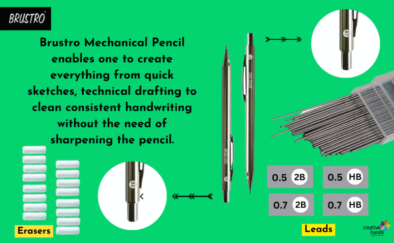 BRUSTRO Mechanical Pencil Set | HB-20 leads, 2B-20 leads,Spare eraser 8 units|Tip size 0.7 mm | Ideal for Students,Adults, Home, School, Office, Stationery Use |Writing, Sketching, Drawing,Mandala Art - Image 3