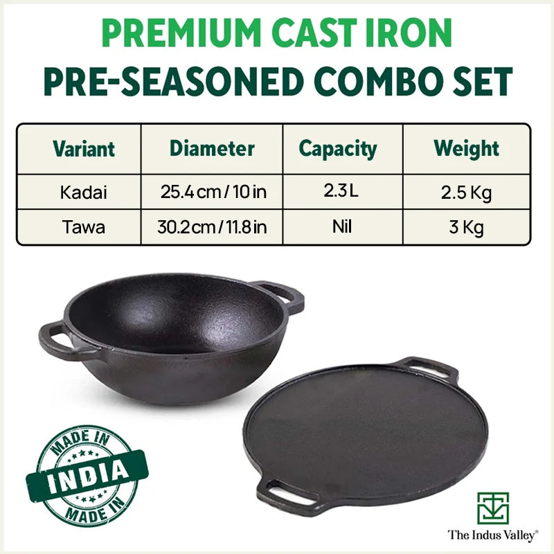 CASTrong Cast Iron Cookware Set: Tawa+ Kadai, Kitchen Set for Home, Pre-seasoned, 100% Pure, Toxin-free, Induction, Free ₹400 Tadka Pan - Image 2