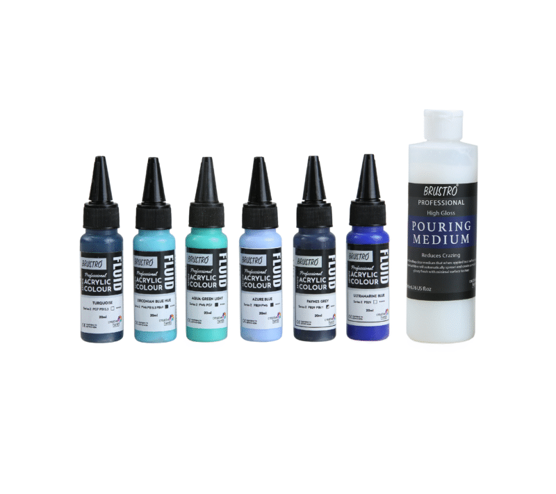 Brustro Professional Artists Fluid Acrylic 20 ml Beyond The Blues Set of 6 (Turquoise, Ultramarine Blue, Zirconian Blue Hue, Paynes Grey, Aqua Green Light, Azure Blue) with Pouring Medium 200 ml - Image 5