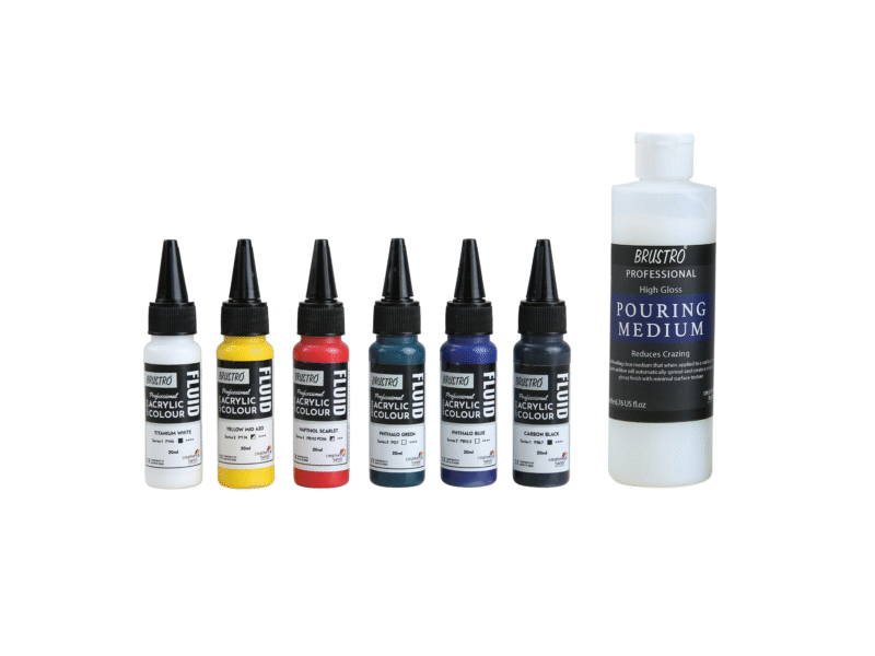 Brustro Professional Artists ’ Fluid Acrylic 20 ml Pack of 5 + 1 Free (Titanium White, Yellow Mid AZO, Napthol Scarlet, Phthalo Blue, Phthalo Green and Carbon Black) with Pouring Medium 200 ml - Image 5
