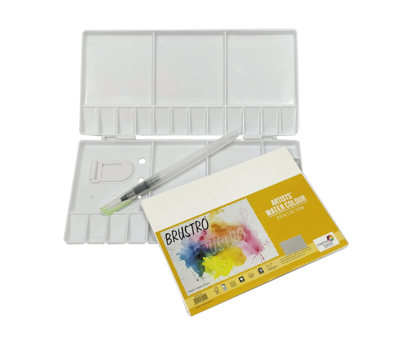 Brustro Folding Box 33 Well Plastic Palette 26x13 cm with Brustro Aqua Squeeze Brush Small and Brustro Watercolour Paper 200 GSM, 5" X 7"