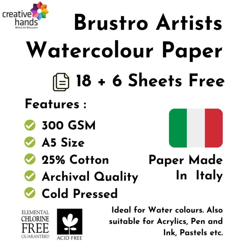 BRUSTRO Artists Watercolour Paper | 300 GSM, A5, 25% Cotton, Cold Pressed | Pack of 24 Sheets | Ideal for Artist, Professional Drawing, Painting Dry & Wet, Fine Art, School, Students, Watercolor