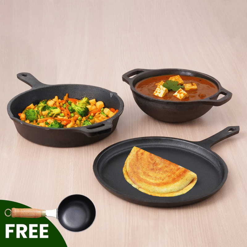 CASTrong Cast Iron Cookware Set: Free ₹400 Tadka Pan + Cast Iron Tawa With Handle (Pre Seasoned) + Cast Iron Kadai Wok Model + Cast Iron Fry Pan, Kitchen set for Home, 100% Pure, Toxin-free - Image 9