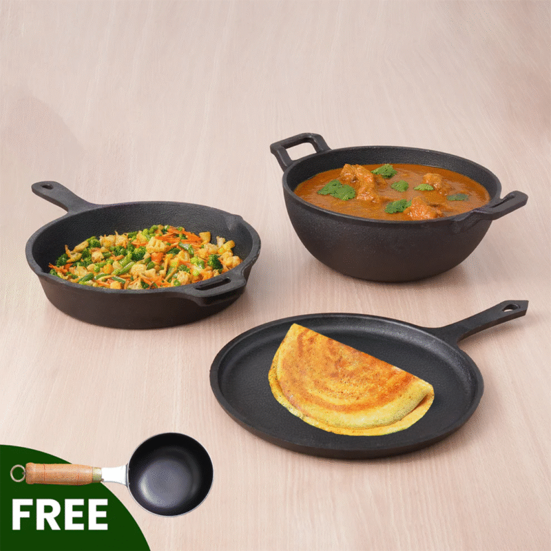 CASTrong Cast Iron Cookware Set: Tawa+ Kadai+ Frypan, Kitchen Set for Home, Pre-seasoned, 100% Pure, Induction, Free ₹400 Tadka Pan - Image 14