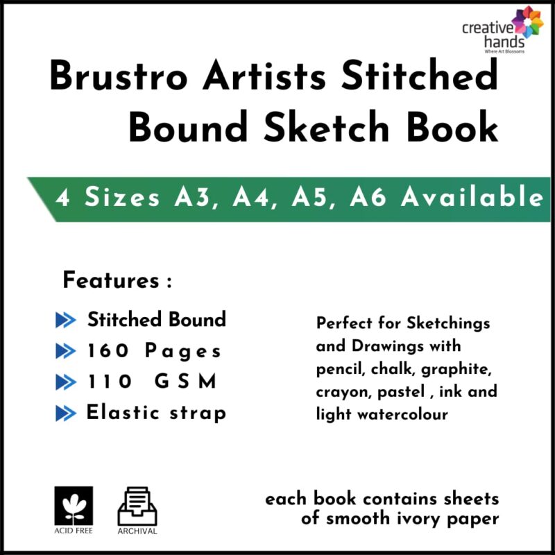 Brustro Artists Sketch Book Stitched Bound A5 Size, 160 Pages Acid Free & Technical Pen, 110 GSM (Pack of 6)