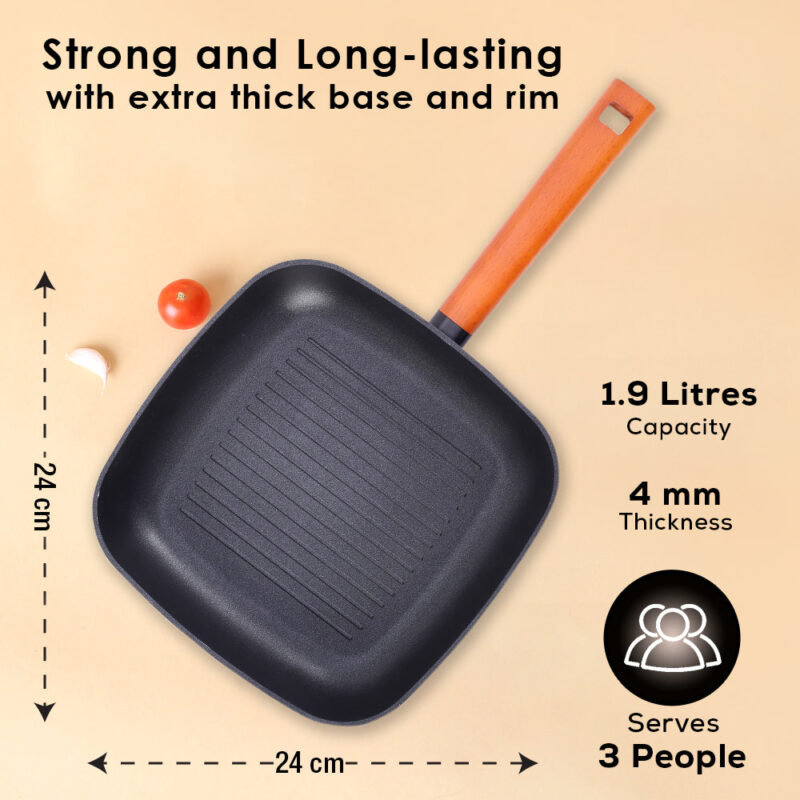 Caesar Forged Grill Pan, 24cm, Black, Greblon C3 Non-stick Coating, Virgin Aluminium, PFOA Free, German Beechwood Handles, Use for Grilling Tikkis, Breads, Rolls, Meat, Paneer - Image 2