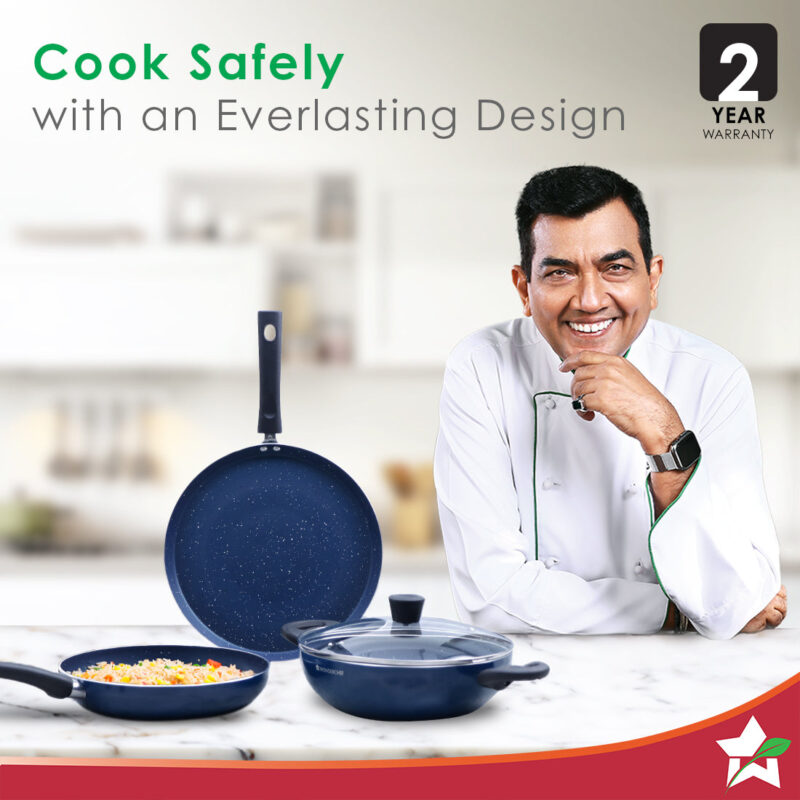Galaxy Cookware 4 Piece Set | 24 cm Kadhai with Lid, 24 cm Fry Pan, 28 cm Dosa Tawa | Induction Friendly | Cool Touch Bakelite Handles | Pure Grade Aluminium| PFOA Free| 2 Years Warranty | Midnight Blue - Image 2