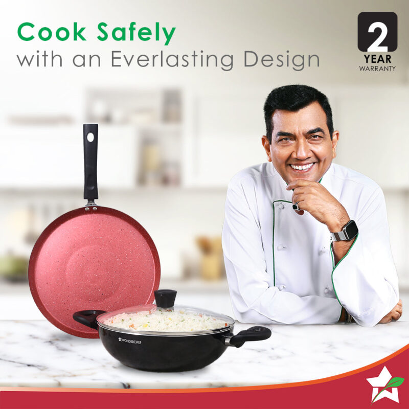 Galaxy 3pcs Cookware Set | Kadhai with Lid and Dosa Tawa | Induction Friendly | Cool Touch Bakelite Handles | Pure Grade Aluminium| PFOA Free| 2 Years Warranty | Red & Black - Image 2