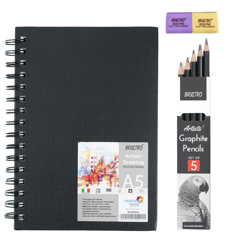 BRUSTRO Graphite Pencil set of 5 (2B, 4B, 6B, 8B, 10B) with Artists Sketch Book Wiro Bound A5 Size (14.8 CM x 21 CM), 116 Pages,160 GSM (Acid Free) and ECO PVC dust Free Erasers (2 Pcs) - Image 7