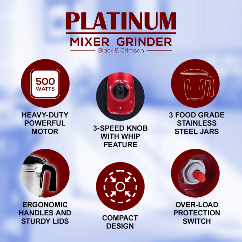 Platinum Mixer Grinder 500W with 3 Stainless Steel Jars And Anti-Rust Stainless Steel Blades, Ergonomic Handles, 5 Years Warranty On Motor, Black & Crimson - Image 5