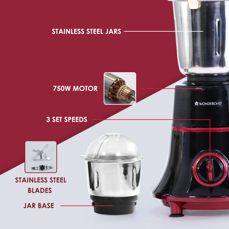 Glory Mixer Grinder, 750 W with 4 Stainless Steel Jars and Anti-rust Stainless Steel Blades, Ergonomic Handles, 5 Years Warranty on Motor - Image 10