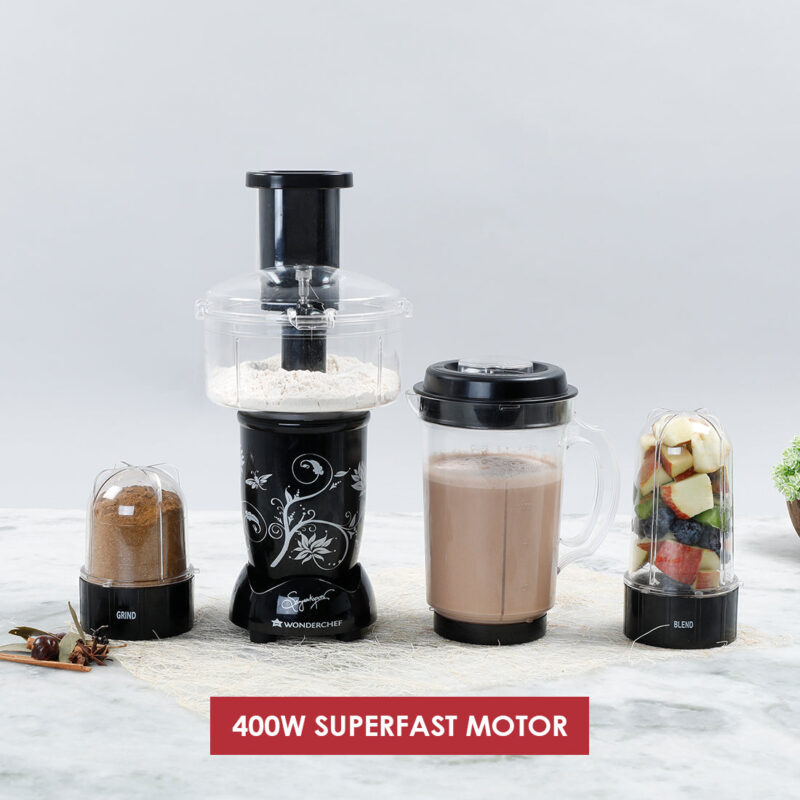 Nutri-blend Juicer, Mixer, Grinder, Smoothie Maker | Food Processor with Atta Kneader | 400W 22000 RPM 100% Full Copper Motor | SS Blades | 4 Unbreakable Jars | 2 Years Warranty | Recipe Book By Chef Sanjeev Kapoor | Black