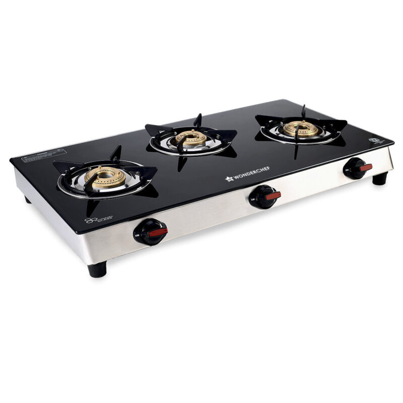 Galaxy 3 Burner Cooktop | 2 Medium, 1 Small Wide Spaced Burners | Highly Efficient Tri-pin Brass Burners | Precise Flame Control | BIS Approved 6mm Toughened Glass Top | 2 Year Warranty - Image 6